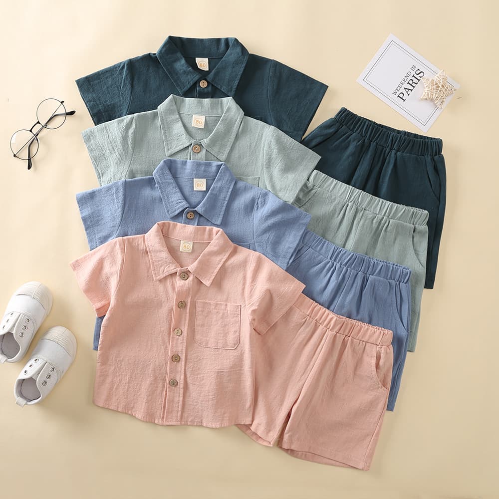 2024 Summer Boys Solid Color Lapel Cotton Short Sleeve Shirt and Shorts Set Kids Casual Two-Piece Cross-Border Children's Clothing