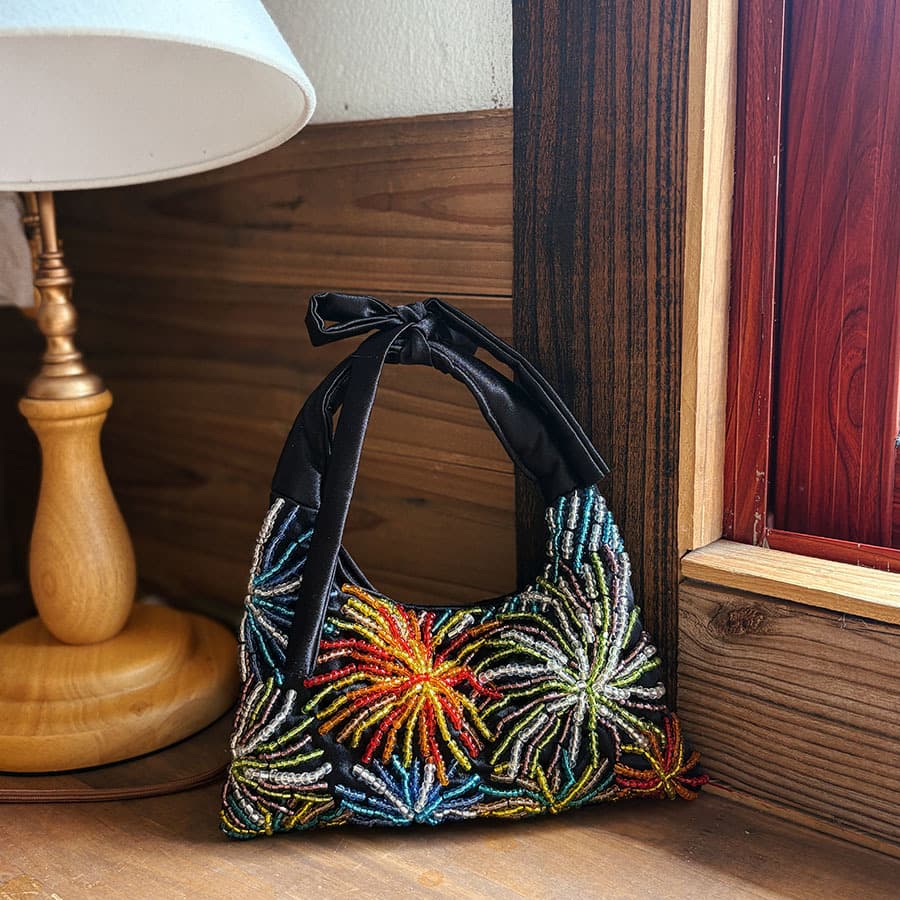 Vintage Beaded Firework Underarm Bag with Satin Bow Design Strap, Exquisite Light Luxury Unique Handbag