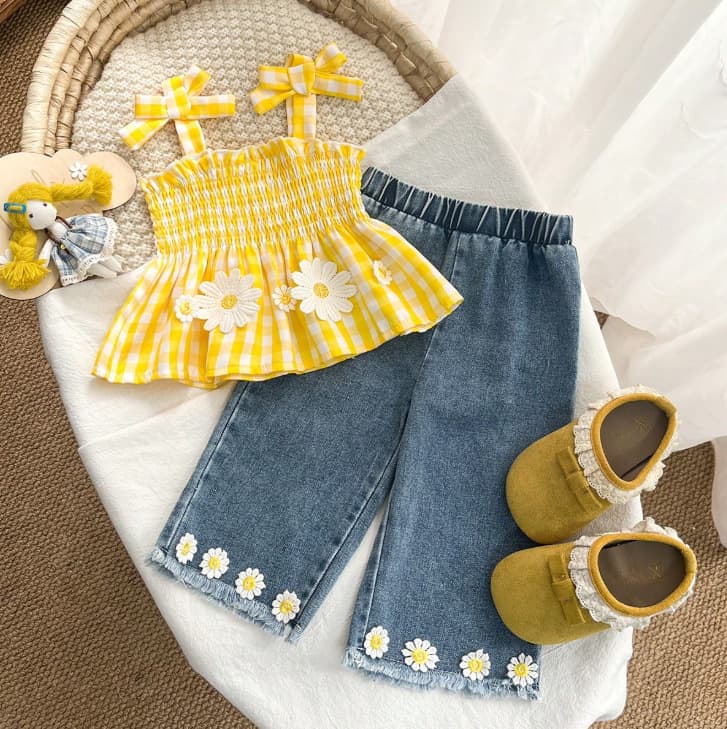 Baby Girls Clothes 0-3Y Summer Sleeveless Bow Dress Style Camisole Top + Denim Long Pants