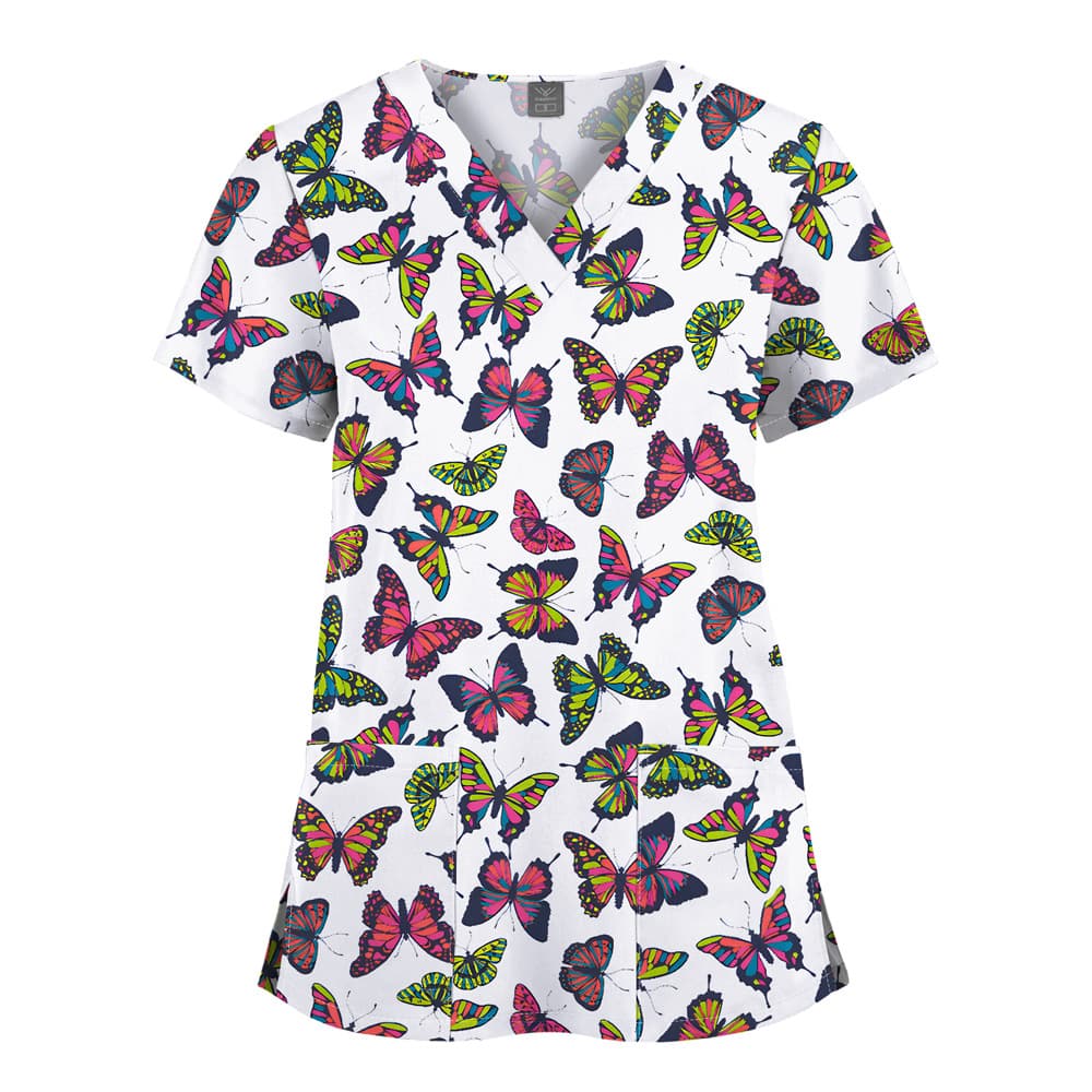 Quick-Dry Printed Scrub Top V-Neck Dental Clinic Scrub Top Beauty Salon Pet Hospital Doctor Nurse Workwear