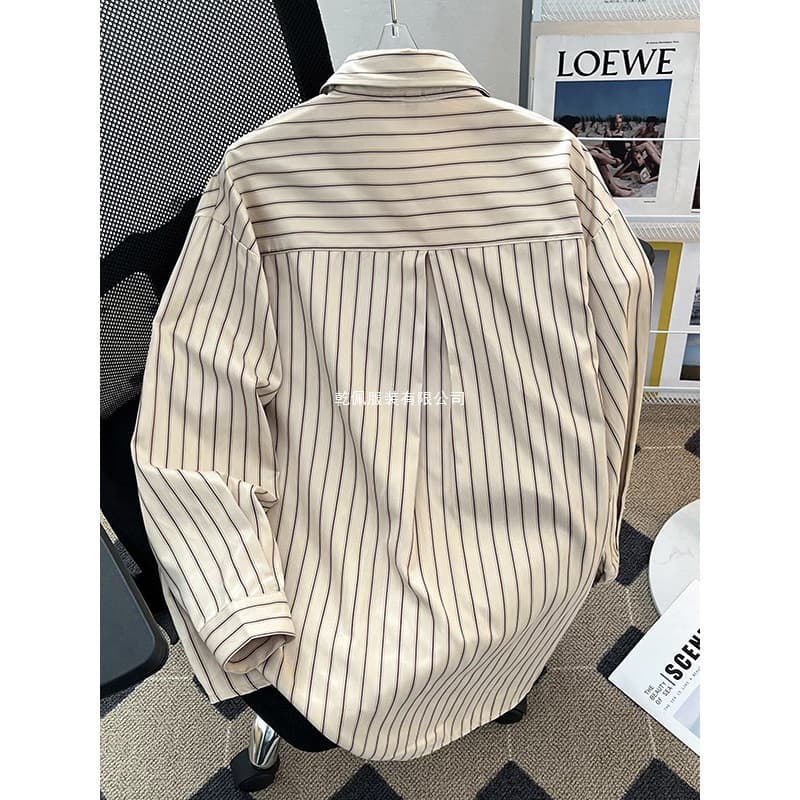 Japanese Vintage Striped Shirt Jacket for Men, Loose Handsome Long Sleeve Shirt Spring Autumn Design Sense Tie Top
