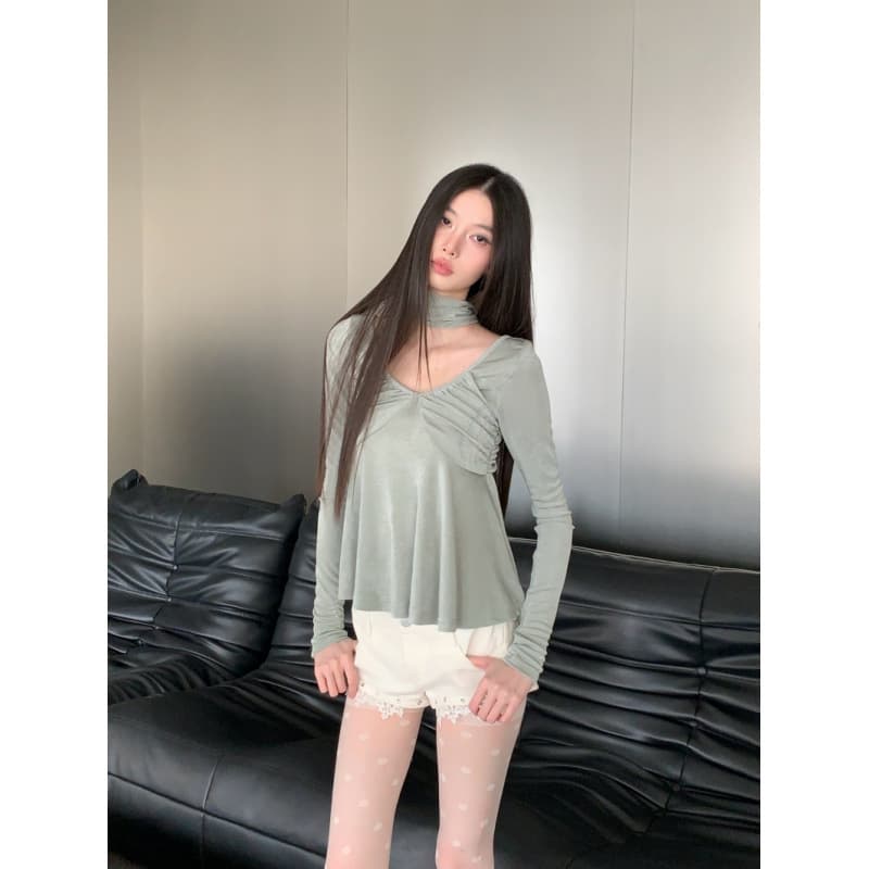 Haze Green Reversible Pleated Skirt Long-Sleeved Bottoming T-Shirt Ragweed Fruit Green Design Pleated V Neck Ribbon Top