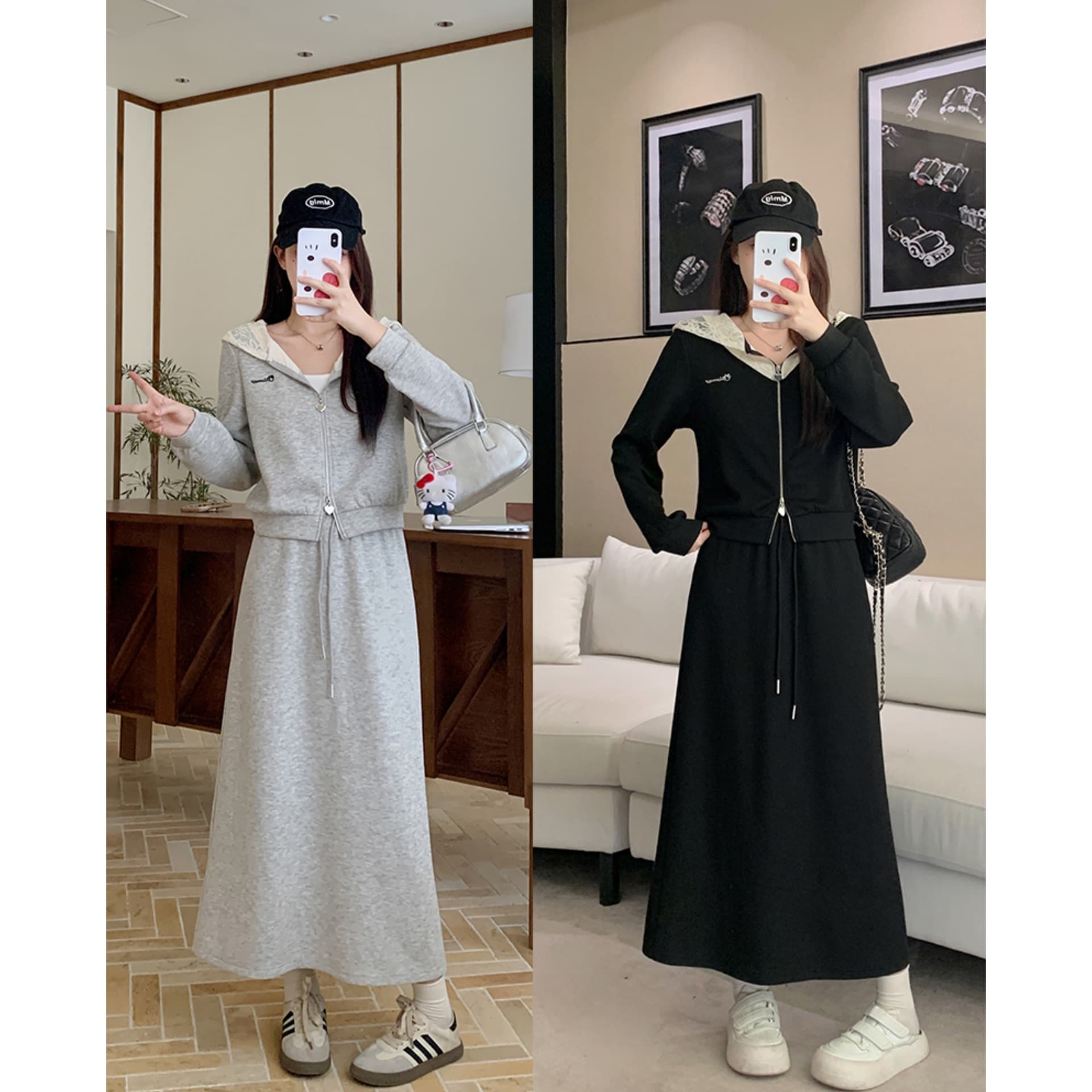 Real Shot 2025 Autumn Curvy MMs Plus Size Black Lace Contrast Hooded Hoodie Jacket Skirt Two-Piece Set 64171