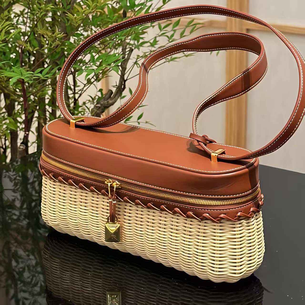 Cross-border Amazon rattan bag LP19 new bamboo woven cowhide handbag woven shoulder bag picnic bag versatile bag