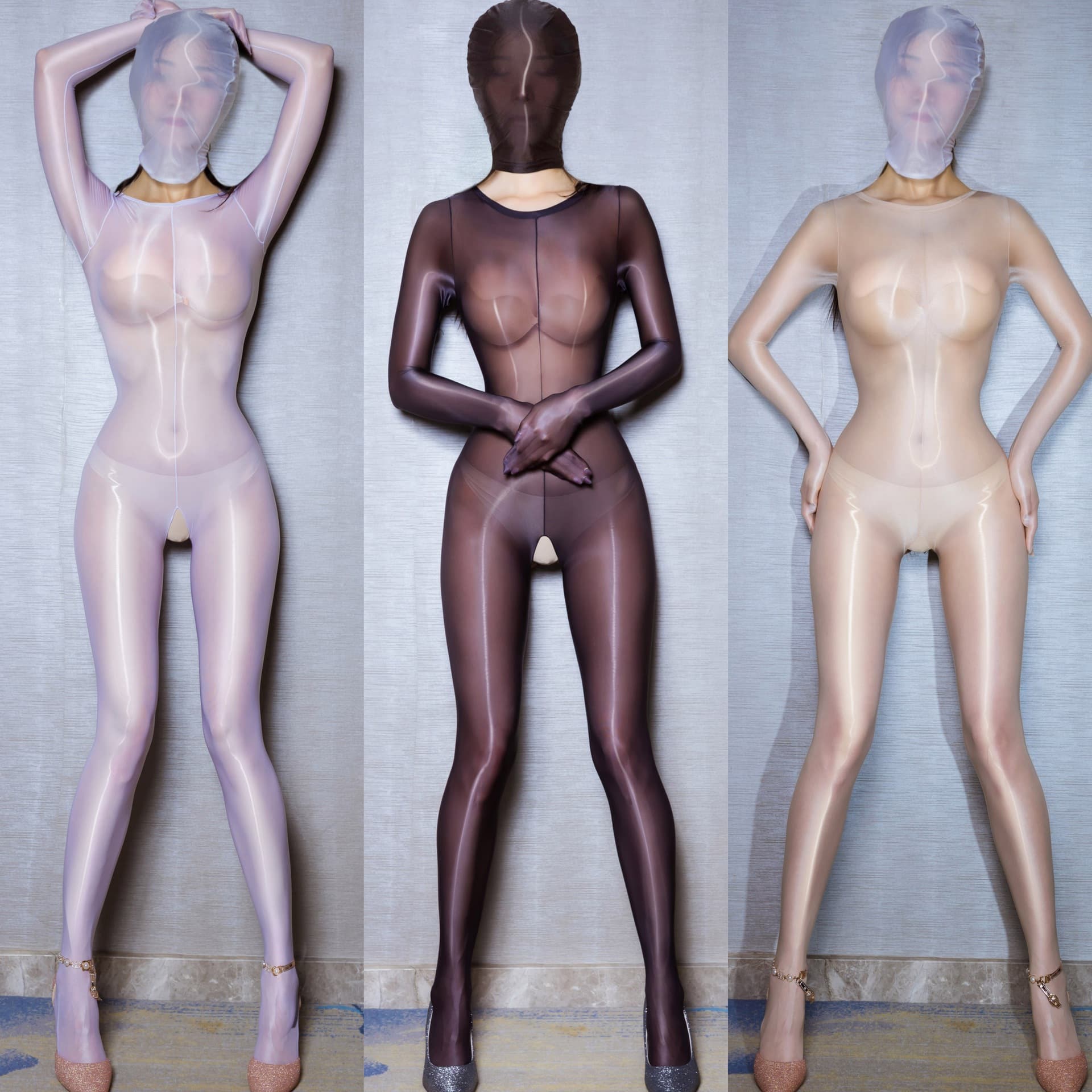 Plus Size SM Sexy Lingerie for Women, Oily Glossy Silky Transparent Full Coverage Tight Bodysuit 9064