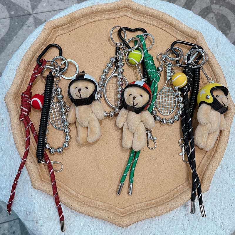 Korean style helmet bear tennis racket hand braided rope keychain ins style cute sports plush bear mobile phone chain pendant