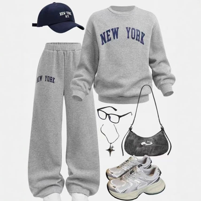 European and American Women's Plus Size 2-Piece Casual Letter Print Long Sleeve Round Neck Sweatshirt and Jogger Set