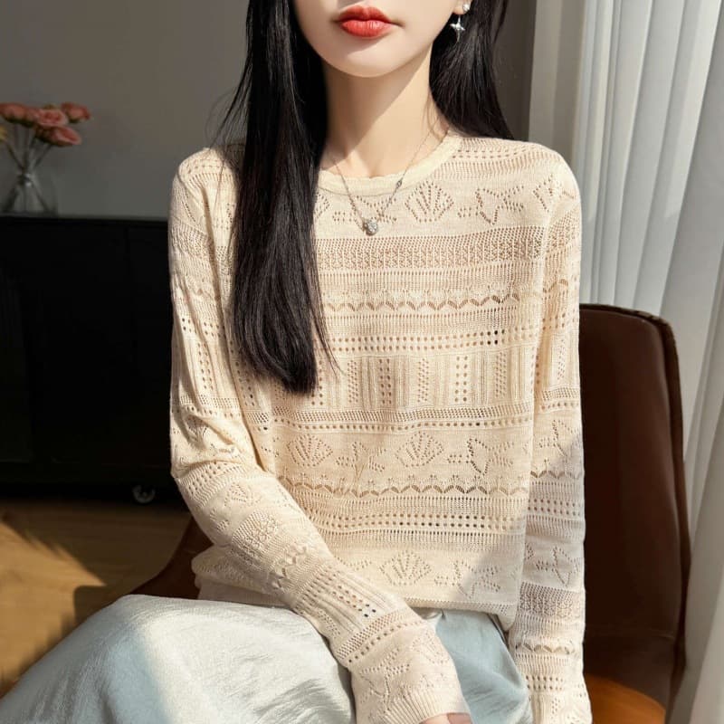Lazy Style Hollow Out Round Neck Long Sleeve Fine Wool Knit Sweater for Women, 26 Spring Summer Thin Pullover, Stylish Slimming Top