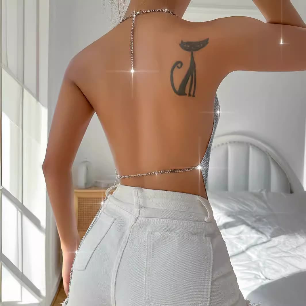 New Sexy Backless Metal Chain Strapless Sequin Camisole L21095 for Women's Fashion, Suitable for Instagram, European, American, and AliExpress Cross-border Sales