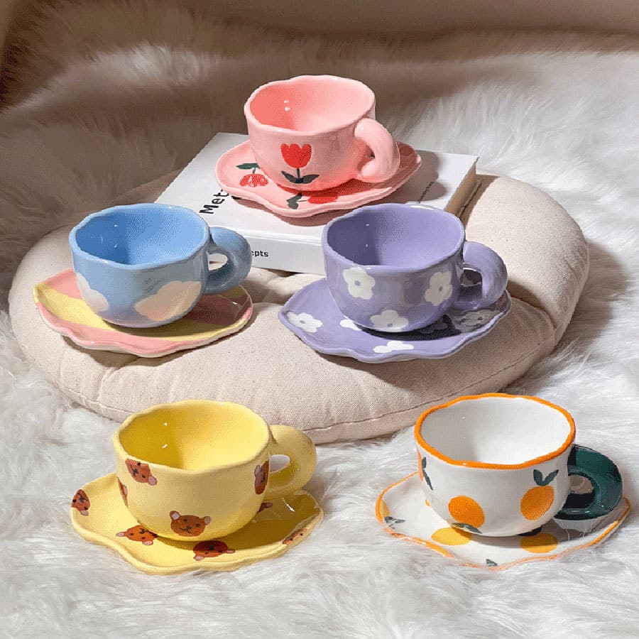 Exquisite Hand-Painted Ceramic Coffee Cup And Plate Afternoon Tea Latte Cup And Plate Small Bear Orange Tulip White Cloud