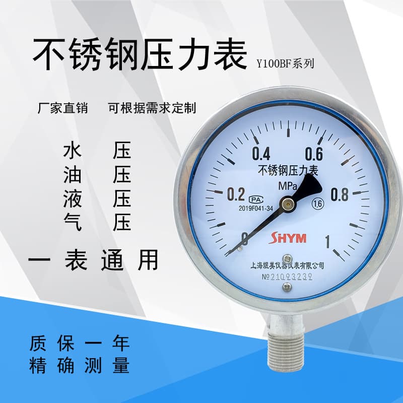 Y100BF Stainless Steel Pressure Gauge, Stainless Steel Pressure Vacuum Negative Pressure Gauge, Oil/Water/Air Pressure Meter