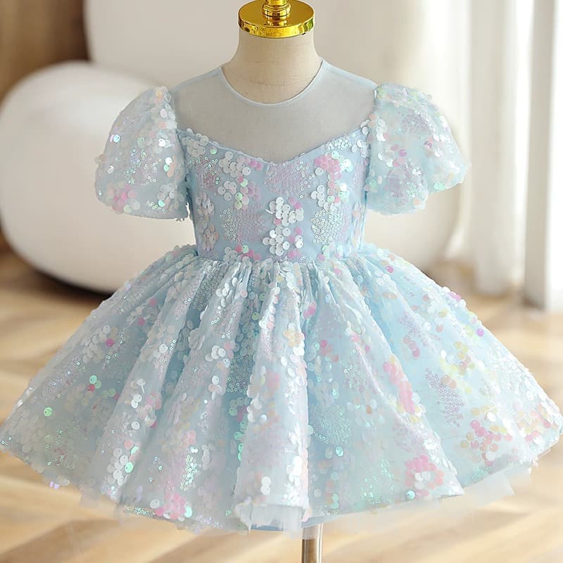 Girls' 1st Birthday Sequined Party Dress 2026 New Kids Catwalk Flower Girl Host Princess Gown