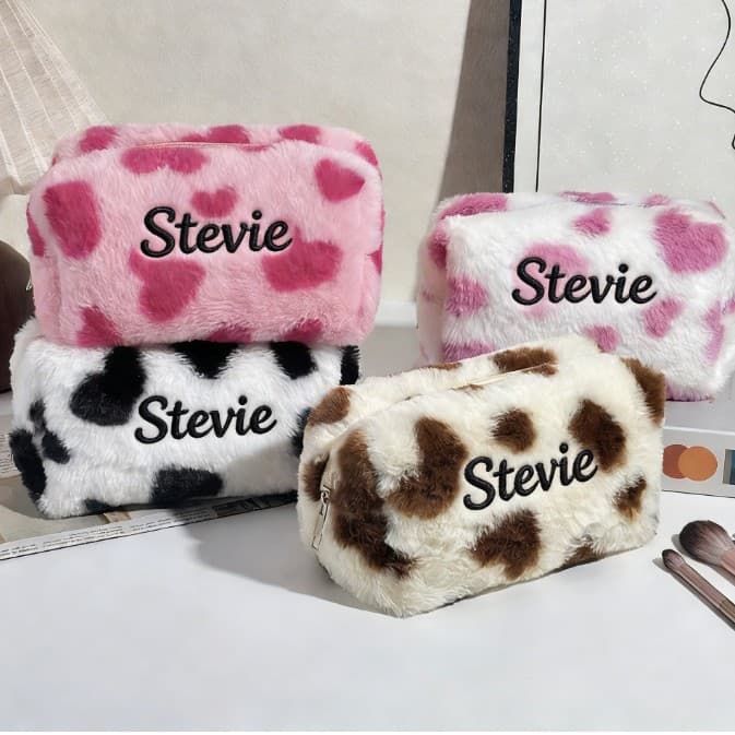 Etsy Personalized Embroidered Makeup Bag with Name, Heart, Cute, High-End Storage Bag, Plush, Large Capacity, Portable