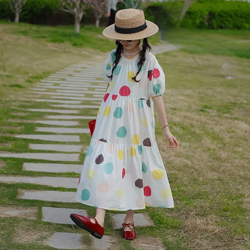 QZ3514 Girls' Dress Korean Style Summer Short Sleeve Princess Dress Fashionable Medium and Large Kids Casual Polka Dot Long Dress