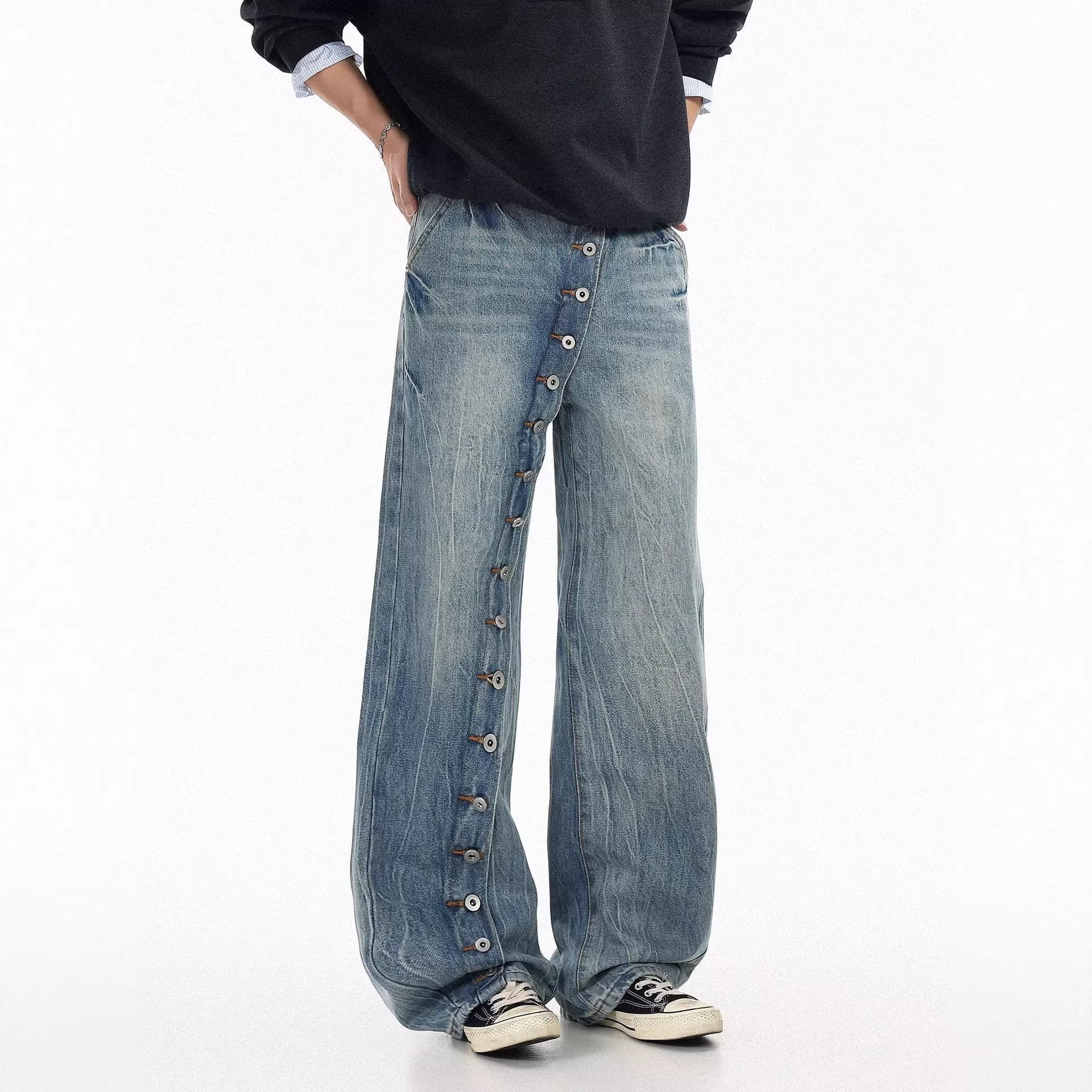 American-style Cross-front Button Jeans for Men and Women, Vintage Washed Straight-leg Loose Floor-length Pants