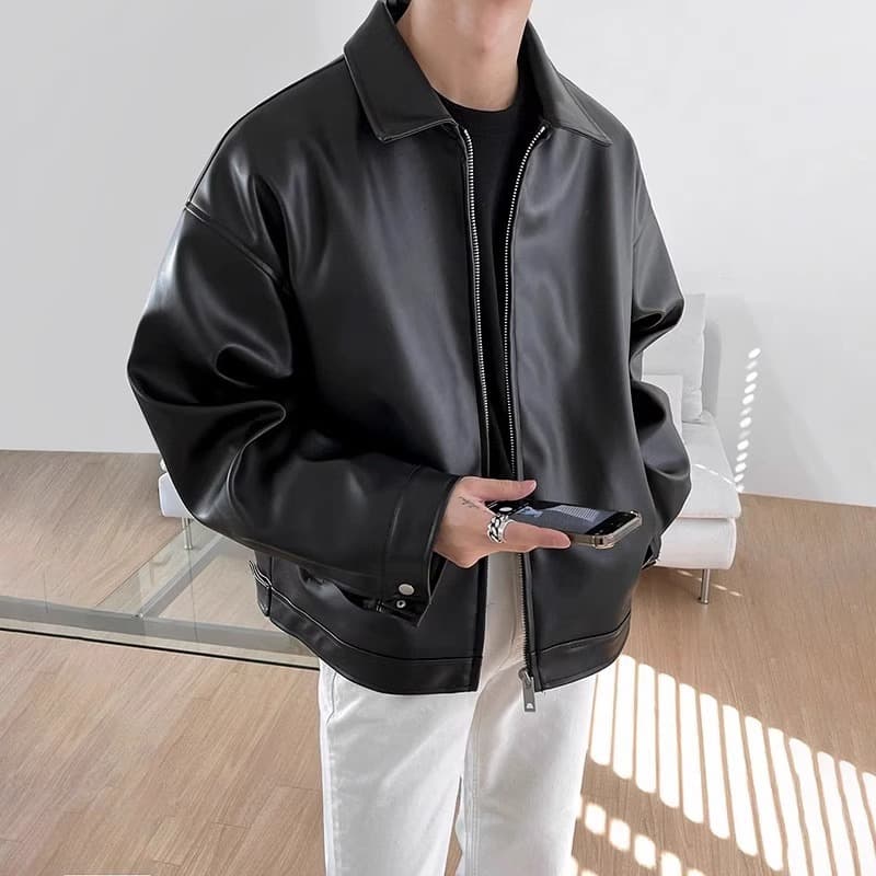 Men's PU Leather Jacket Motorcycle Coat Casual Retro Black Fall Winter Outerwear