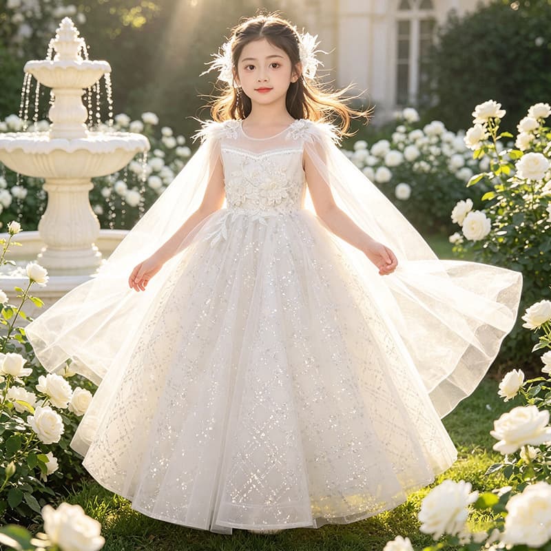 Flower girl dress, children's dress, princess dress, girl's dress, mesh sleeves, fluffy yarn, foreign-style piano host performance dress