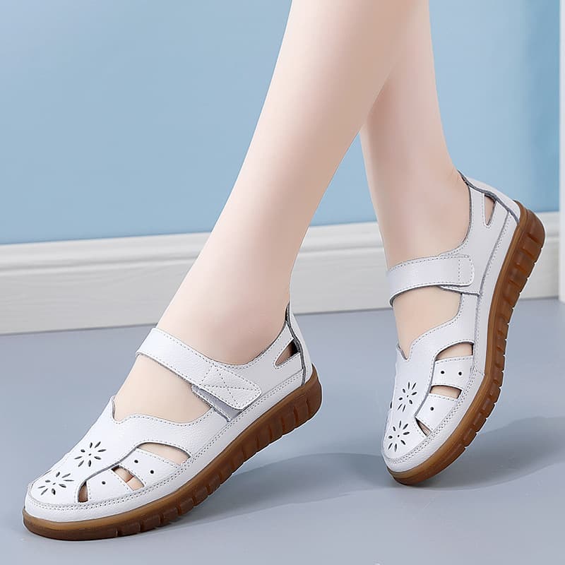 2026 Summer New Women's Sandals Large Size Hollow-Out Genuine Leather Mom Shoes Women's Flats Breathable Nurse White Shoes
