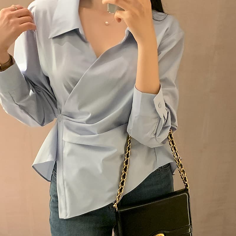 Korean spring and autumn new women's shirts chic Korean style irregular chic shirt tops high-end age-reducing tops