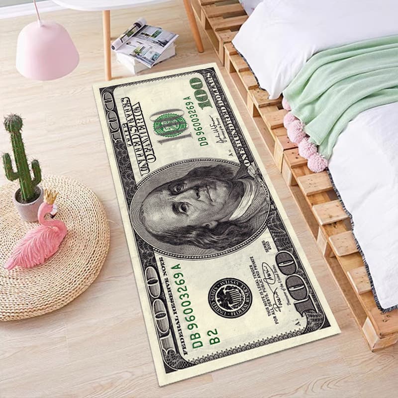 Creative Money Currency Rug Crystal Velvet Home Bedroom Carpet Non-Slip Bedside Rug Stain-Resistant Easy Care Coffee Table Mat