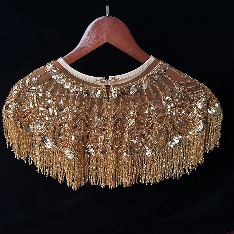 New Chinese-Style Cape Cheongsam Dress with Embroidered Cloud Collar, Beaded Chain, Velvet Outer Layer, Fairy Celebrity Style Cape