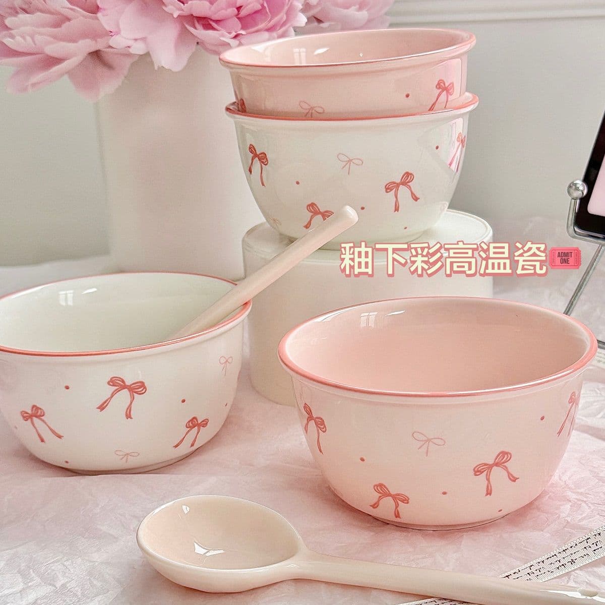 Cute Bow Ceramic Dinnerware Set, High-Gloss Under-glaze Dessert Bowls and Plates, Adorable Tableware