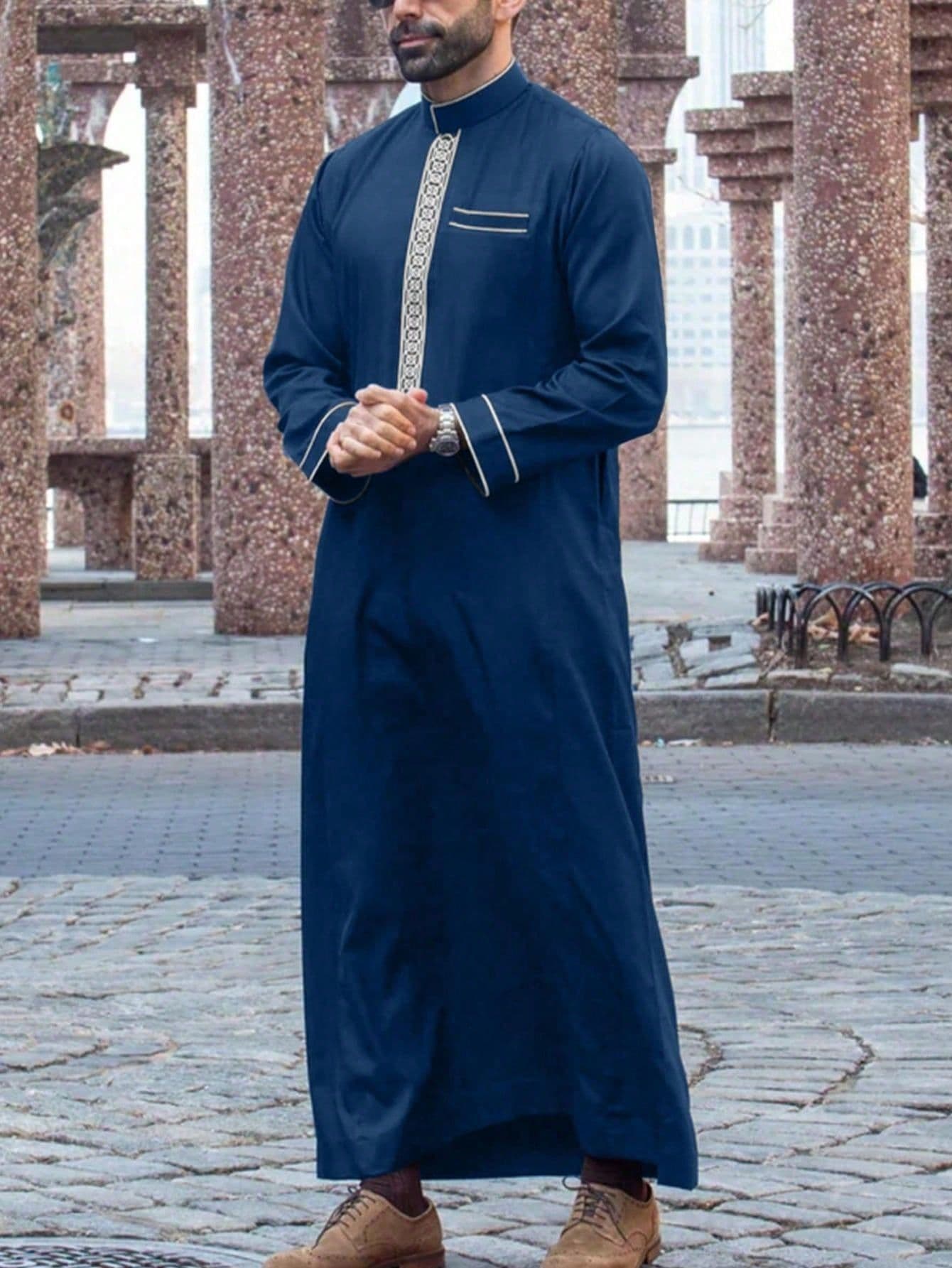 Cross-border trade men's long-sleeve shirt, ethnic style embroidery stand collar