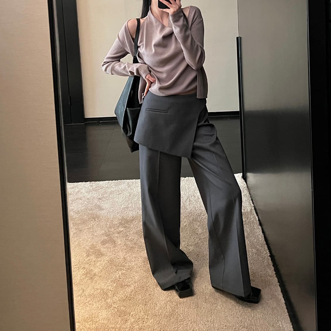 Gray Faux Two-Piece Design Skirt Pants Casual Women's Trousers Spring New High-Waist Slimming Versatile Straight Wide-Leg Pants