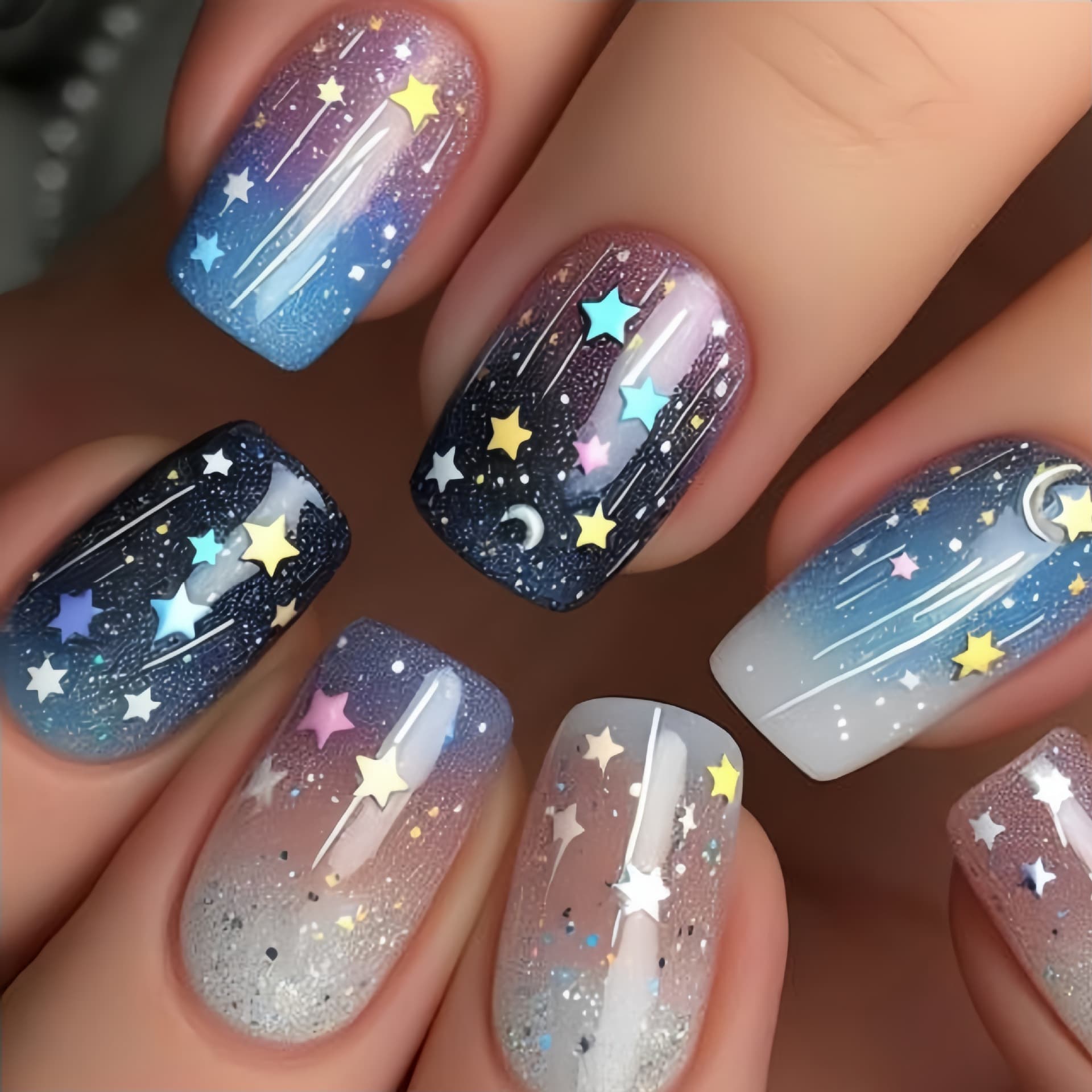 Press-on Nail Tips Medium Length Nails Colorful Ombre Galaxy Star Moon Nails