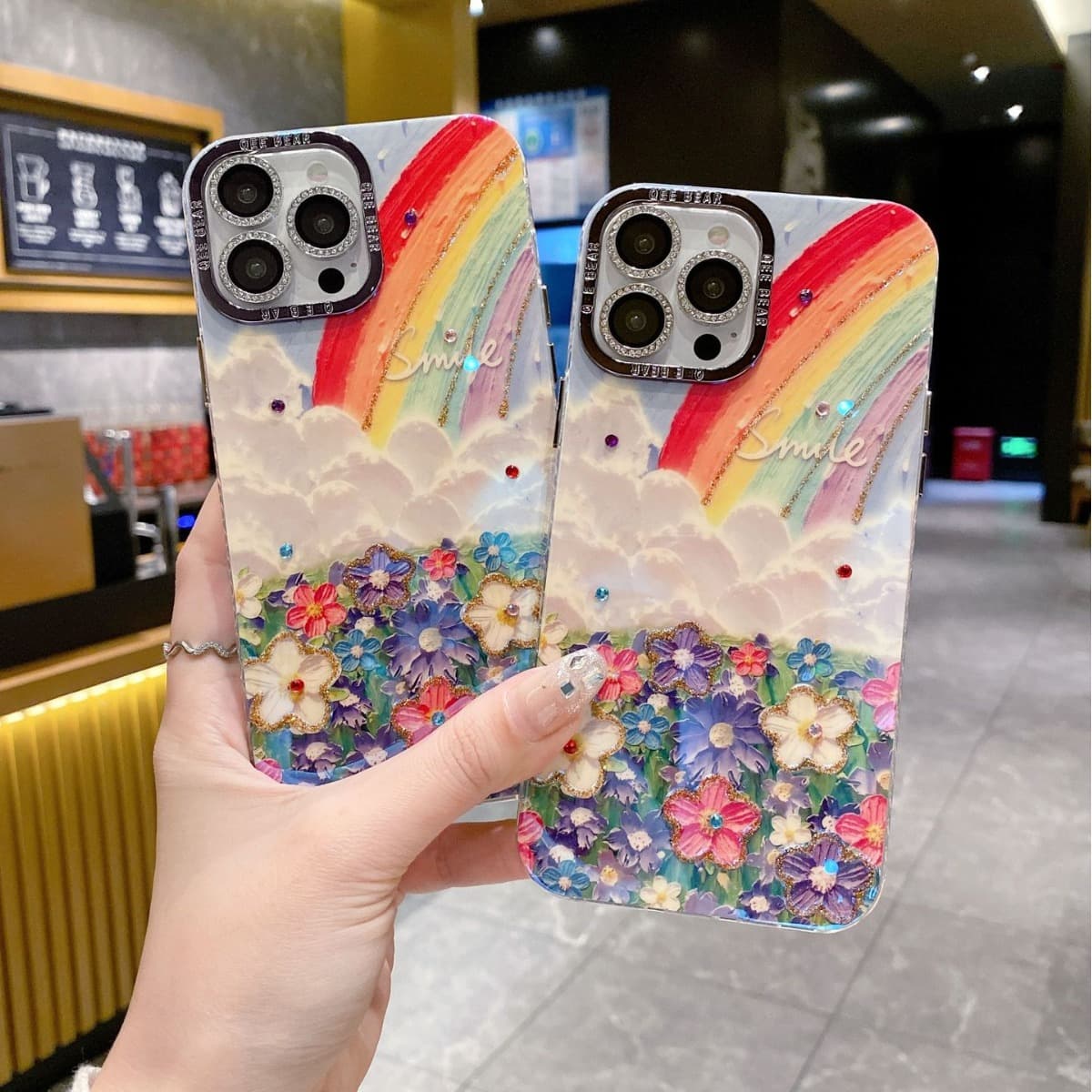 Rainbow flower sea oil painting iphone17ProMax flash diamond mobile phone case 16 Apple 15 luxury anti-fall protective cover 13