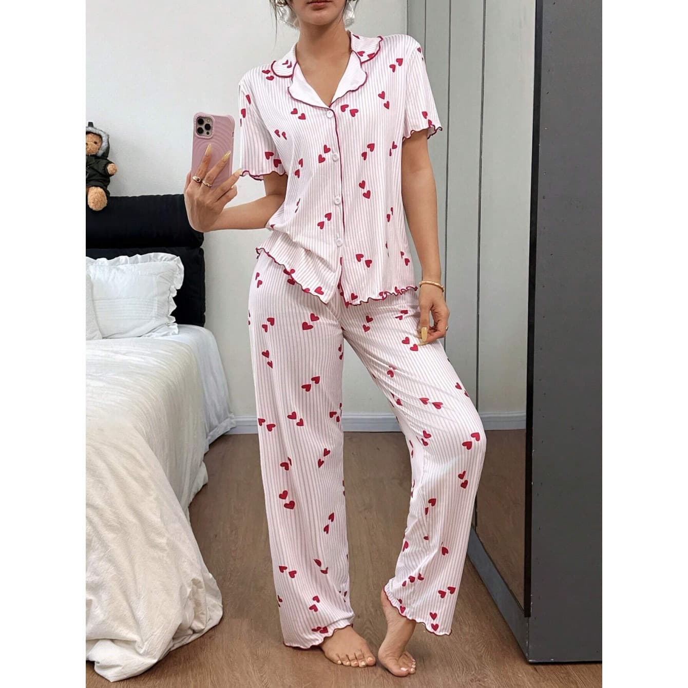 Cross-border Europe & US Women's Heart Print Deep V Cardigan Short Sleeve Loose Pants Home Loungewear Set, Suitable for Outing