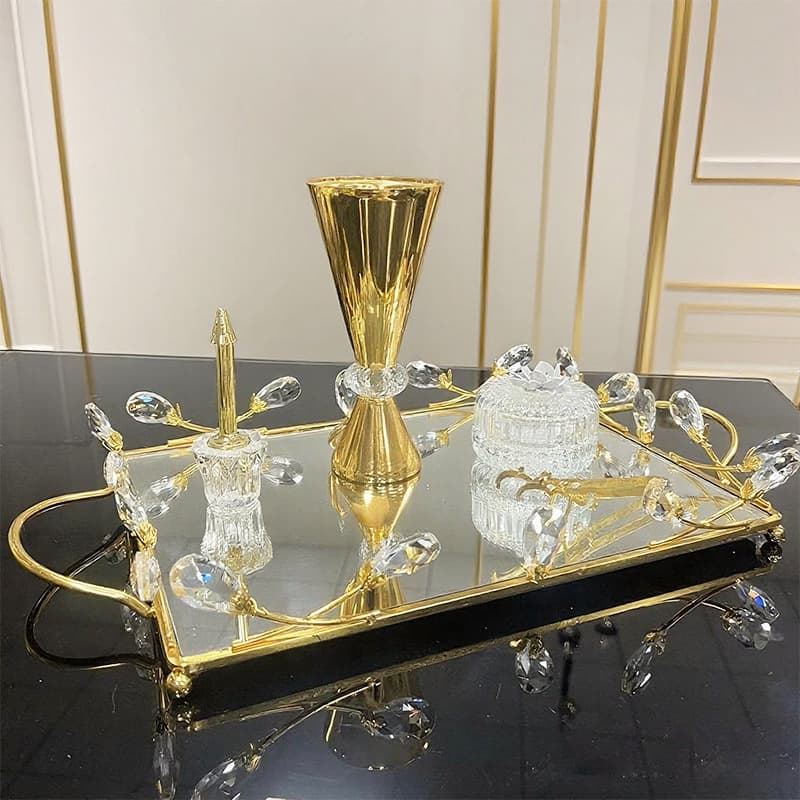 Luxury Mirror Decorative Tray Crystal Trim Metal Rectangle Coffee Table Tea Tray Living Room Storage Home Decor