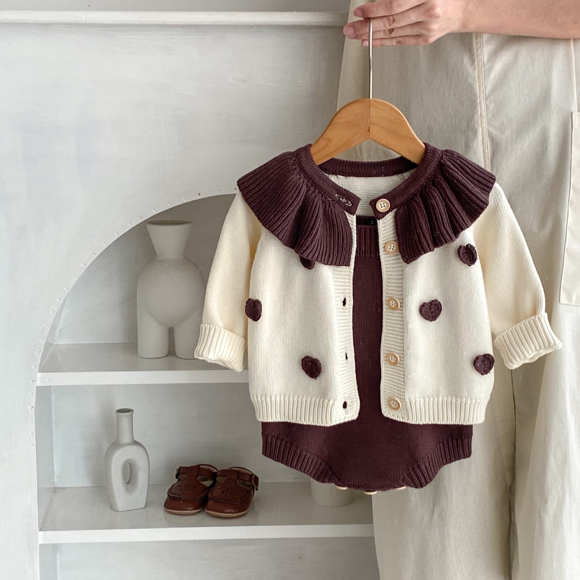 Autumn Sweater Set 2026 Baby Girl Lotus Leaf Collar Handmade Love Knitted Long-Sleeved Jacket + Solid Color Harness