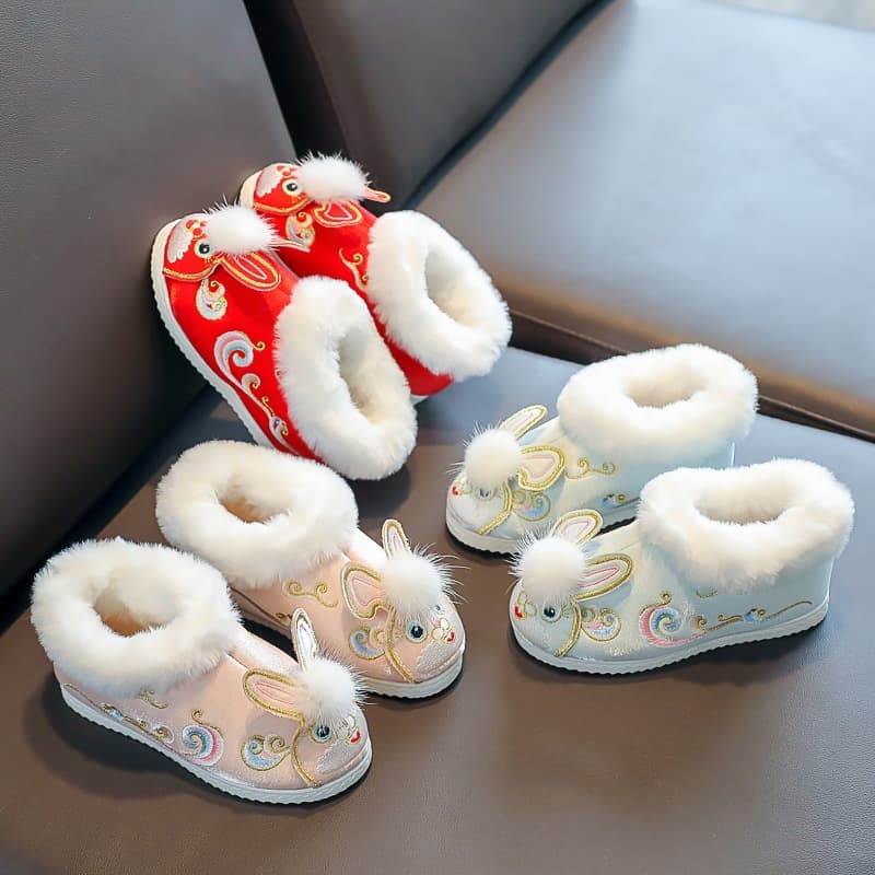 Winter Girls' Hanfu Shoes New Year Greeting Shoes Children's Embroidered Shoes Fleece-Lined Thick Warm Cotton Shoes Chinese Style Traditional Ankle Boots