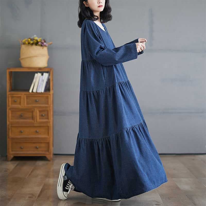 Tall Women's Denim Dress Spring Autumn Vintage French Style Long Skirt Loose Long Sleeve A-Line Tiered Dress