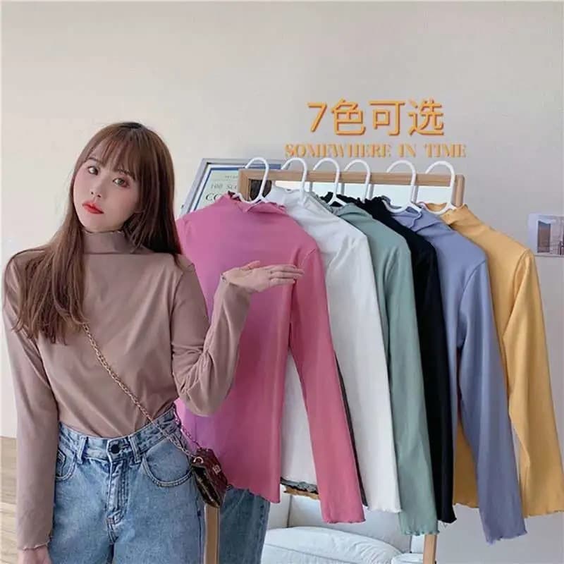 Women's Slim Fit Long Sleeve Thermal T-Shirt High Collar Ear Decorated German Velvet Base Shirt Cat Diary Style Inner Wear