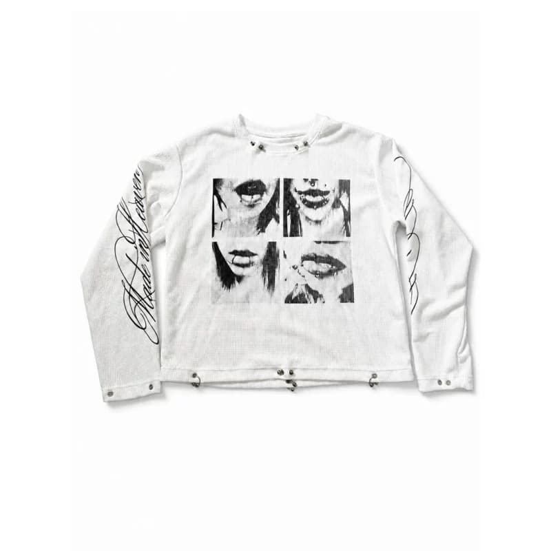 Spring Autumn New Waffle Titanium Steel Ring Lip Piercing Floral Print Breathable Light Subculture Streetwear Base Layer Round Neck Long Sleeve T-Shirt