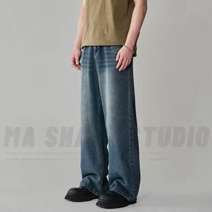 Cross-Border American Vintage Blue Jeans for Men Summer New Straight-Leg Loose Heavyweight Washed Distressed Denim Pants Trendy