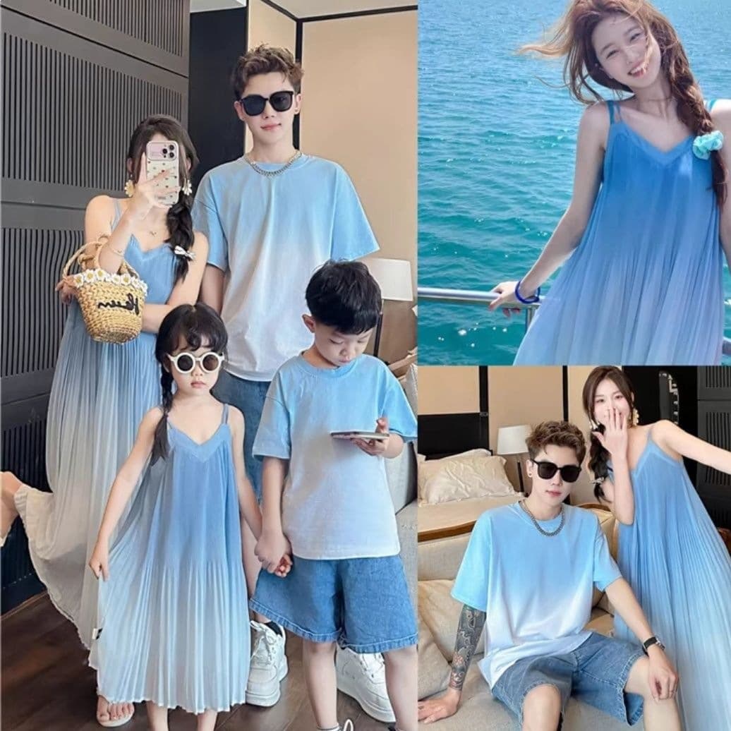 New Summer Beach Mother-Daughter Family Matching Dress Set for Three, Mid-Large Child Vacation Sand Fashionable Mother-Child