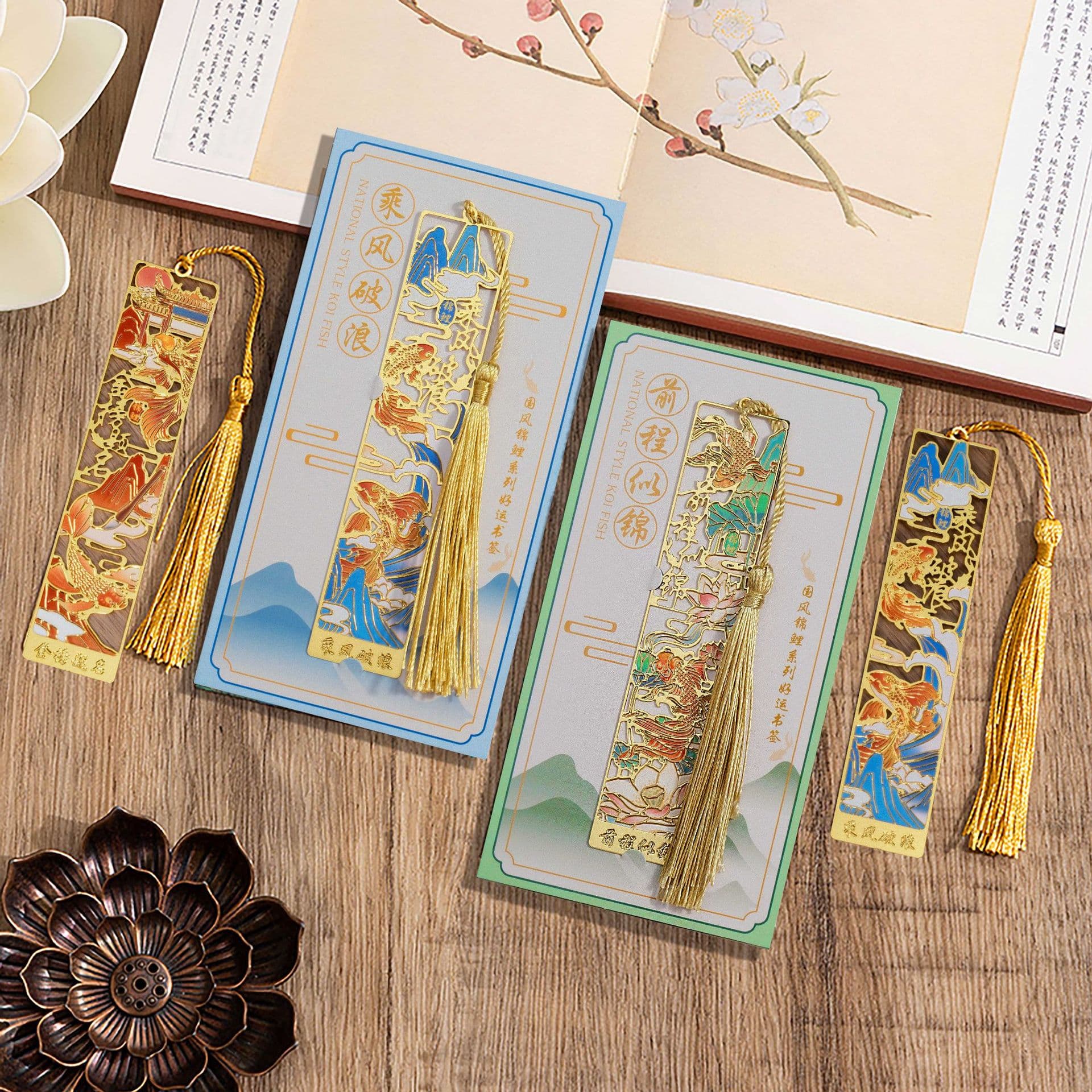 Chinese style koi series metal bookmarks with brass hollow feel and beautiful meaning of the school season bookmarks with tassels as small gifts