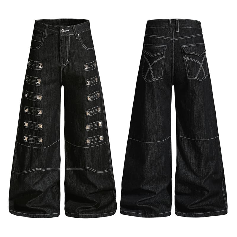 Trendy High-Street Hip-Hop Unique Square Metal Studs Hollow Fabric Straps Heavy-Duty Rivet Wide-Leg Jeans for Men