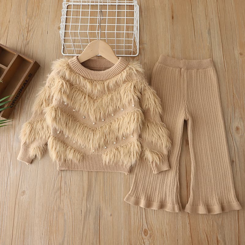 Cross-Border Girls Sweater Set Fall Winter 2026 Rhinestones Fuzzy Sweater Little Girls Flared Pants Knit Pullover Two-Piece Set