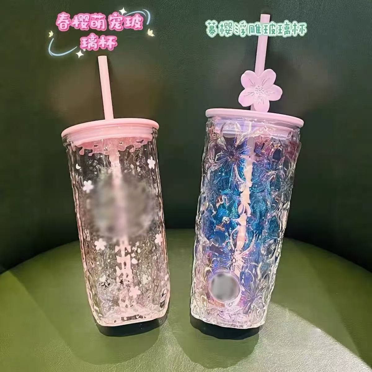 Starbucks Spring Cherry Pet Triangular Glass Straw Cup, Twilight Cherry Relief Series Embossed Cherry Blossom Glass Straw Cup
