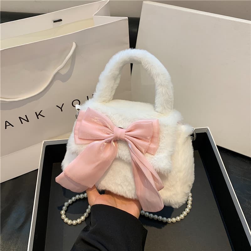 Plush Handbag for Women 2025 New Spring Trendy Korean Style Fashion Bow Shoulder Crossbody Beaded Small Square Bag