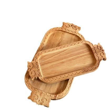 Wooden Tray Ethnic Pattern Fruit Plate Solid Wood Carved Rectangular Baursak Bread Storage Tray