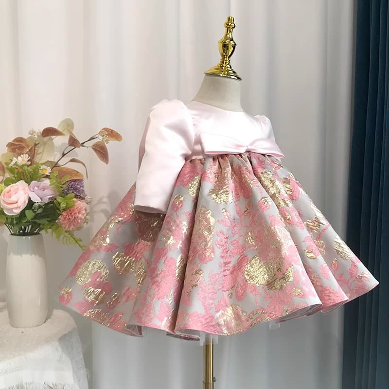 Baby Girl's 1st Birthday Dress, Premium Elegant Printed Satin Princess Gown, Korean-Style Long-Sleeve Puffy Dress