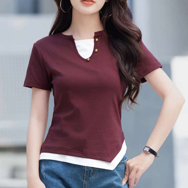 Trendy Color-Blocked Faux Two-Piece Short-Sleeve T-Shirt for Women, 2025 Summer New Style, Young Mom's Slim-Fit Outerwear Top