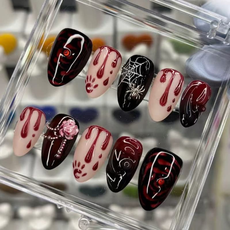 Cross-border Halloween Hot Sale 30-Piece Blood Drip 3D Rose Spider Web Spider Wearable Nails Press-On Nail Tips Finished Wholesale
