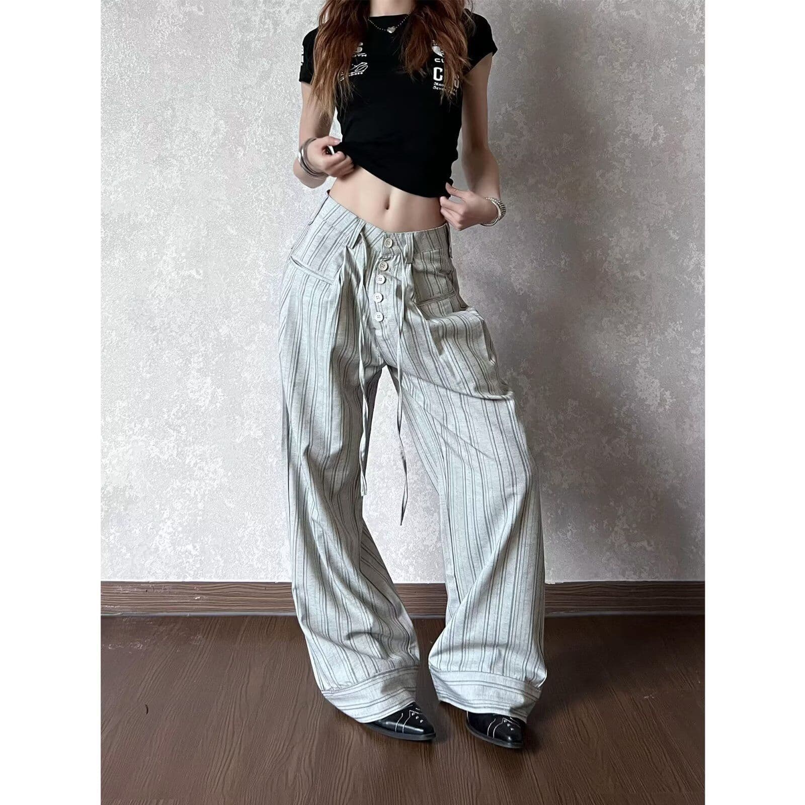 American retro cleanfit buttoned design striped wide-leg trousers casual men's and women's old money style loose straight trousers