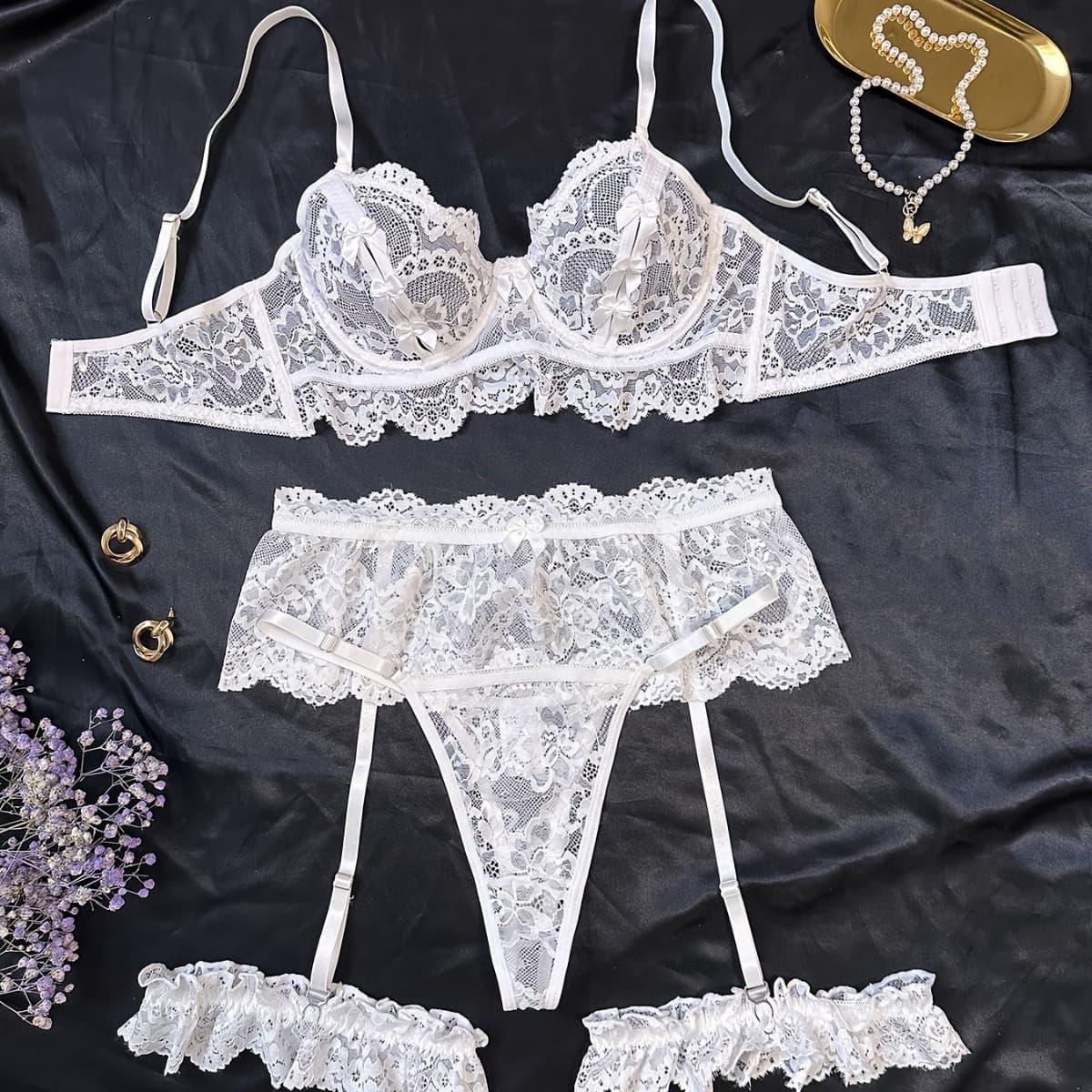 2026 Cross-Border Foreign Trade Hot Selling Sexy Lingerie Women European and American French Multi-Color Lace Trim See-Through Sexy Set 66